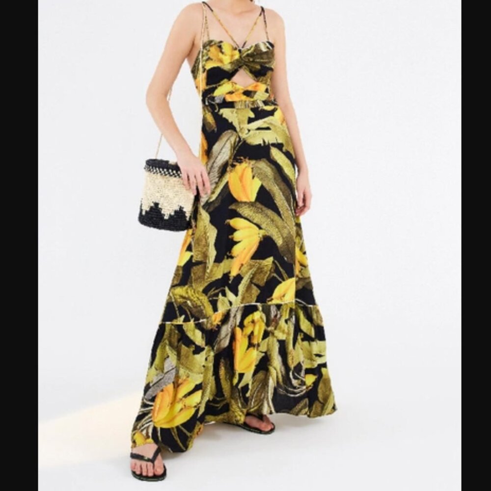 FARM Rio Black and Yellow Tropical Maxi Dress